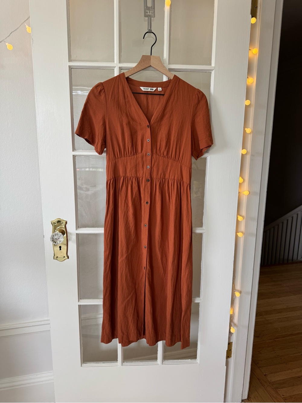 UNIQLO Linen Rust Orange Midi Dress - Button-Front Short Sleeve with Pockets
